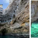 Grotta Palazzese, un restaurant spectaculaire à Polignano a Mare, niché dans une grotte avec vue sur la mer turquoise.