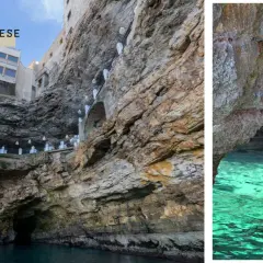 Grotta Palazzese, un restaurant spectaculaire à Polignano a Mare, niché dans une grotte avec vue sur la mer turquoise.