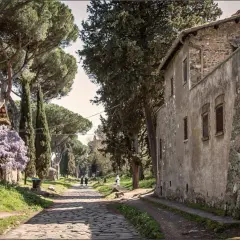 Chemin pavé bordé de cyprès et de pins, avec des maisons anciennes et des glycines en fleurs. Un air de via antica Roma.