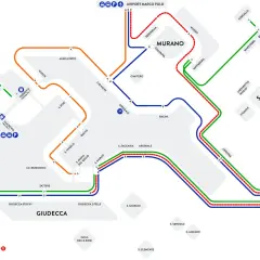 Carte des lignes de vaporetto Alilaguna à Venise. La linea blu Alilaguna dessert l'aéroport Marco Polo et Murano.