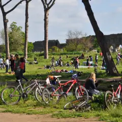 Des vélos garés près d'un parc à Rome, où des gens profitent du soleil et des ruines antiques.