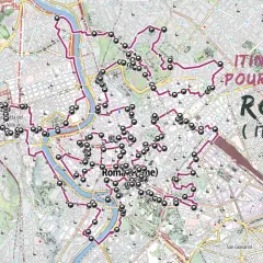 Carte de Rome avec un itinéraire suggéré pour les visites, marqué par des points noirs et une ligne violette. L'image inclut le texte "Itinéraire pour visiter Rome (Italie)".