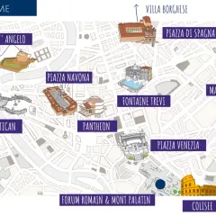 Carte de Rome illustrant les sites incontournables : Cité du Vatican, Fontaine de Trevi, Colisée, et plus.