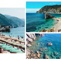 Plage animée et eaux cristallines, parfaites pour des vacances à Cinque Terre. Des parasols colorés et des rochers émergent de la mer.