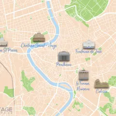 Carte de Rome montrant la distance entre le Vatican (Basilique St Pierre) et le Colisée, avec d'autres monuments.