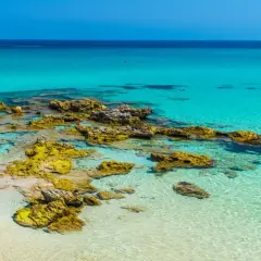 Eaux turquoise et rochers dorés sur une plage du sud de l'Italie. Un voilier blanc navigue au loin.