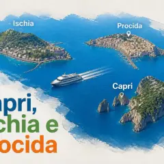 Vue aérienne des îles de Capri, Ischia et Procida dans la baie de Naples. Un bateau navigue entre elles.