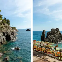 Vue panoramique de la côte rocheuse et de la plage animée de Cinque Terre, avec des parasols colorés et des formations rocheuses imposantes dans la mer.