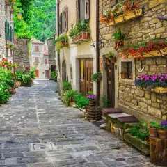 Ruelle pavée bordée de maisons en pierre ornées de fleurs colorées, évoquant une charmante résidence toscane.