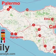 Carte de la Sicile pour un road trip. Itinéraire suggéré de Palerme à Catane, en passant par Agrigente et l'Etna.