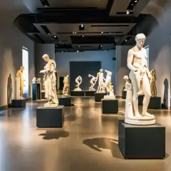 Salle d'exposition du musée national romain, remplie de statues antiques en marbre, dont des figures masculines nues et des bustes.