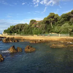 Promenade en bord de mer à Castiglioncello, Italie, avec des rochers dans l'eau et une colline verdoyante.