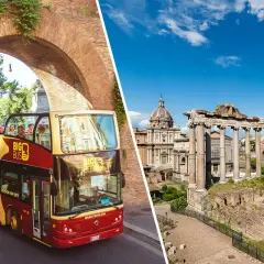 Un bus à impériale rouge "Big Bus Rome" traverse une arche antique, offrant une vue sur le Forum Romain.