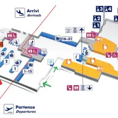 Plan de l'aéroport de Rome : Arrivées, départs, portes A et B, services et accès pour personnes à mobilité réduite.