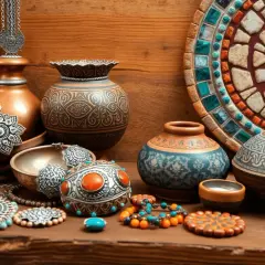 Bijoux et poteries ornées, reflets de l'artisanat des Pouilles. Des colliers, boucles d'oreilles et bracelets aux motifs complexes, aux côtés de vases décorés.