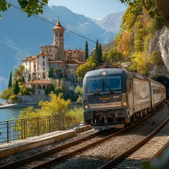 Un train moderne quitte un tunnel pour admirer un château pittoresque au bord d'un lac, une invitation à aller en Italie en train.