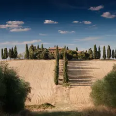 Dom toscano immerso nel verde, un sogno di agriturismo in Italia. Cipressi e campi dorati sotto un cielo azzurro.