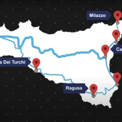 Carte de la Sicile montrant un itinéraire pour un road trip italie 2 semaines, de Trapani à Syracuse en passant par Scala dei Turchi, Ragusa, Catane, Taormina et Milazzo.