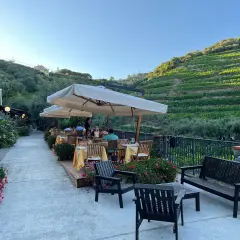 Terrasse d'un agriturismo en Italie du Nord, avec tables dressées sous parasols, vignoble en terrasse sur la colline.