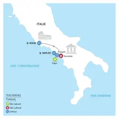 Carte d'un itinéraire de Rome en 5 jours, incluant Naples, Pompéi, Sorrente et Capri.