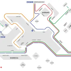 Carte des transports en commun de Venise, montrant les lignes de vaporetto et les arrêts, y compris alilaguna venise.