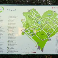 Plan général de la Villa Borghese, idéal pour une visite. Découvrez les fontaines, monuments et musées de ce parc romain.