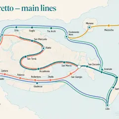 Carte des lignes de vaporetto à Venise. Pour savoir comment aller à Murano et Burano depuis Venise, prenez la ligne 12.