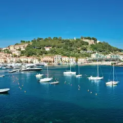 Vue panoramique de Porto Azzurro, avec ses maisons colorées, sa colline verdoyante et son port animé rempli de voiliers et de bateaux.