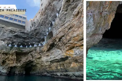 Grotta Palazzese, un restaurant spectaculaire à Polignano a Mare, niché dans une grotte avec vue sur la mer turquoise.