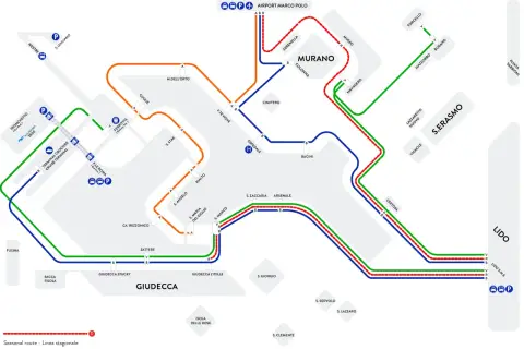 Carte des lignes de vaporetto Alilaguna à Venise. La linea blu Alilaguna dessert l'aéroport Marco Polo et Murano.