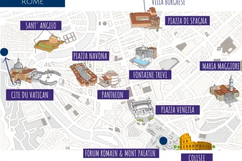 Carte de Rome illustrant les sites incontournables : Cité du Vatican, Fontaine de Trevi, Colisée, et plus.