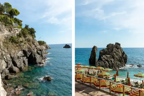 Vue panoramique de la côte rocheuse et de la plage animée de Cinque Terre, avec des parasols colorés et des formations rocheuses imposantes dans la mer.