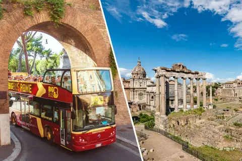 Un bus à impériale rouge "Big Bus Rome" traverse une arche antique, offrant une vue sur le Forum Romain.