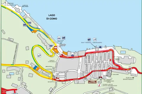 Carte de Bellagio, montrant les routes, le lac de Côme, le terminal de ferry et les points d'intérêt. Idéal pour planifier votre visite en voiture.
