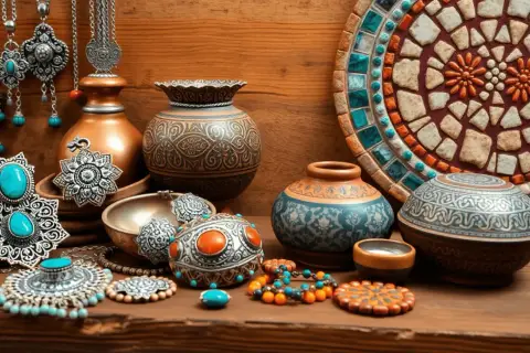 Bijoux et poteries ornées, reflets de l'artisanat des Pouilles. Des colliers, boucles d'oreilles et bracelets aux motifs complexes, aux côtés de vases décorés.