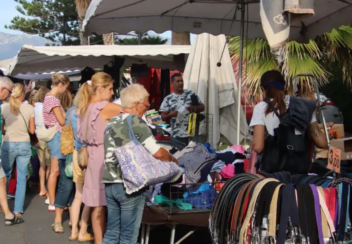 Jour de marché à Albenga : des gens flânent devant des étals de vêtements et d'accessoires, sous les palmiers.