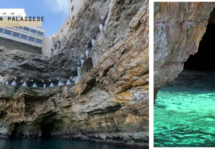 Grotta Palazzese, un restaurant spectaculaire à Polignano a Mare, niché dans une grotte avec vue sur la mer turquoise.