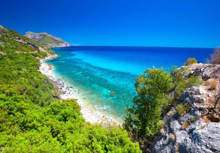 Vue panoramique de la côte de **Sardaigne Cala Gonone**, avec ses eaux turquoise cristallines, sa plage de galets et sa végétation luxuriante.