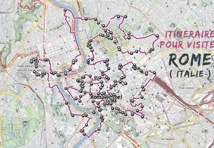 Carte de Rome avec un itinéraire suggéré pour les visites, marqué par des points noirs et une ligne violette. L'image inclut le texte "Itinéraire pour visiter Rome (Italie)".