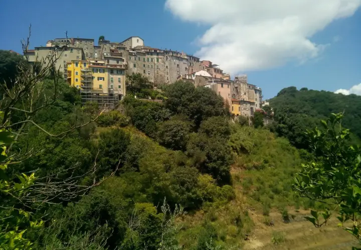 Village d'Ameglia perché sur une colline verdoyante, avec des maisons colorées et un ciel bleu éclatant.