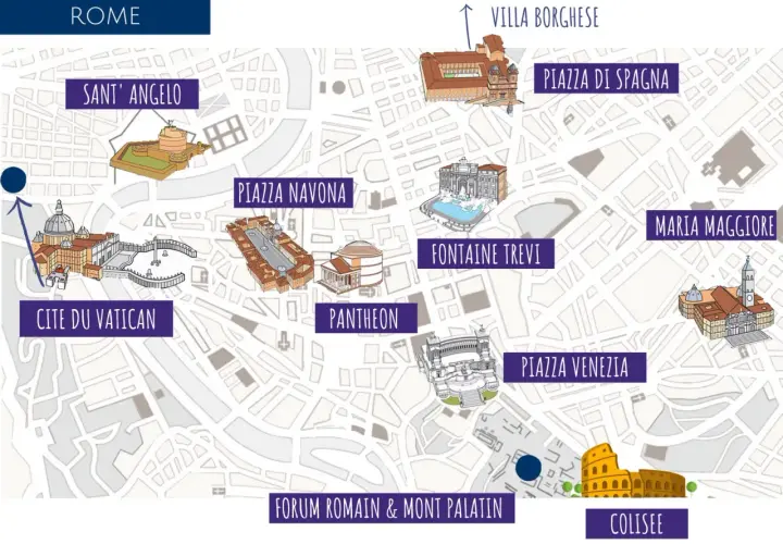 Carte de Rome illustrant les sites incontournables : Cité du Vatican, Fontaine de Trevi, Colisée, et plus.