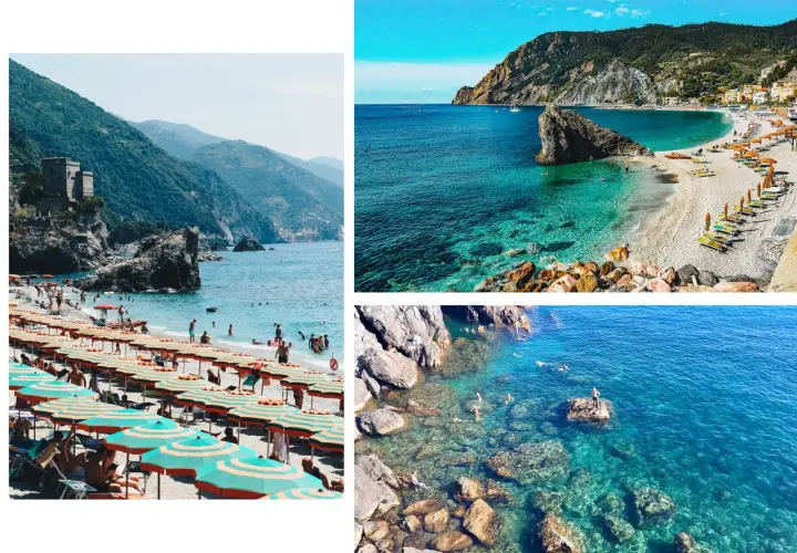 Plage animée et eaux cristallines, parfaites pour des vacances à Cinque Terre. Des parasols colorés et des rochers émergent de la mer.