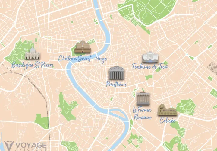 Carte de Rome montrant la distance entre le Vatican (Basilique St Pierre) et le Colisée, avec d'autres monuments.