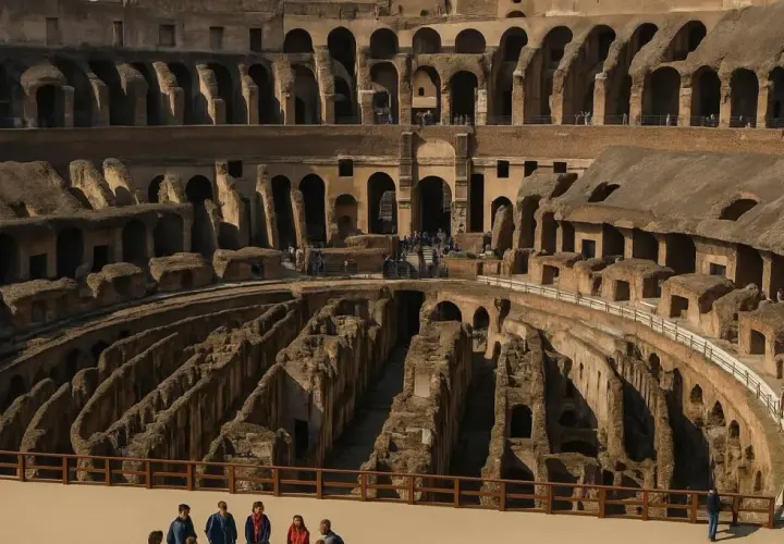 Vue intérieure du Colisée à Roma, vestiges antiques et touristes explorant ce site historique.