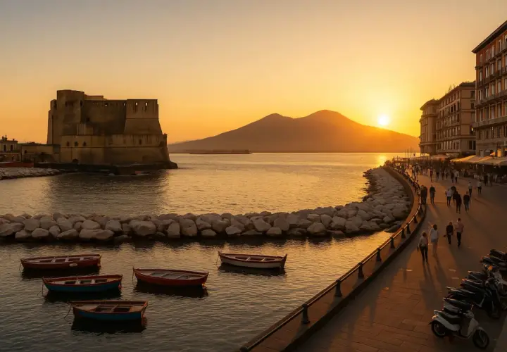 Coucher de soleil à Naples, avec le Vésuve en arrière-plan. La distance Rome-Naples en voiture est une belle escapade.