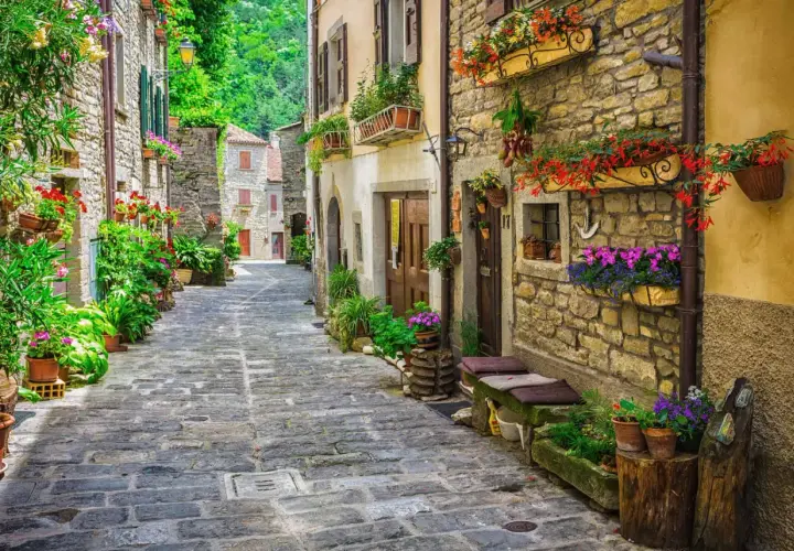 Ruelle pavée bordée de maisons en pierre ornées de fleurs colorées, évoquant une charmante résidence toscane.