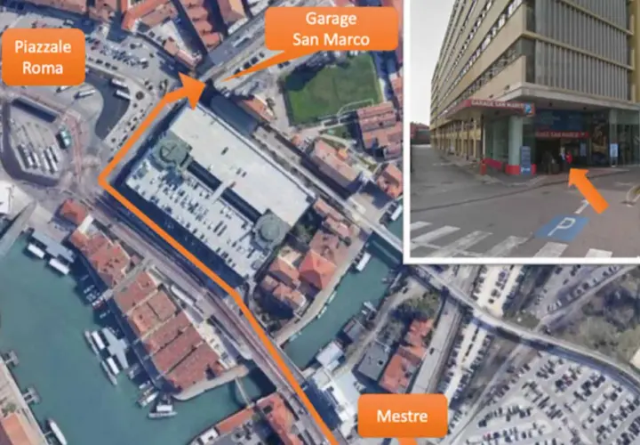Itinéraire pour se garer à Venise en voiture, de Mestre à Piazzale Roma, puis au Garage San Marco.