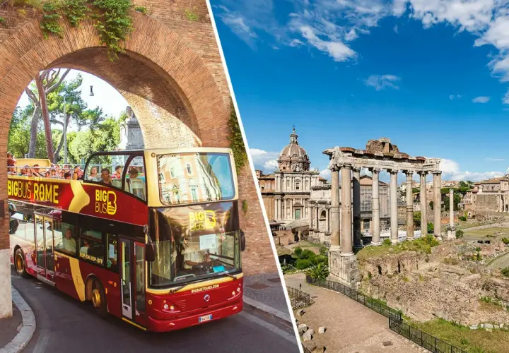 Un bus à impériale rouge "Big Bus Rome" traverse une arche antique, offrant une vue sur le Forum Romain.