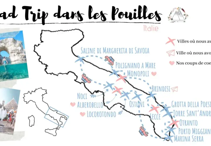 Carte d'un road trip dans les Pouilles, Italie, avec des photos de grottes marines et de trulli. Itinéraire jalonné de villes, de lieux de séjour et de coups de cœur.