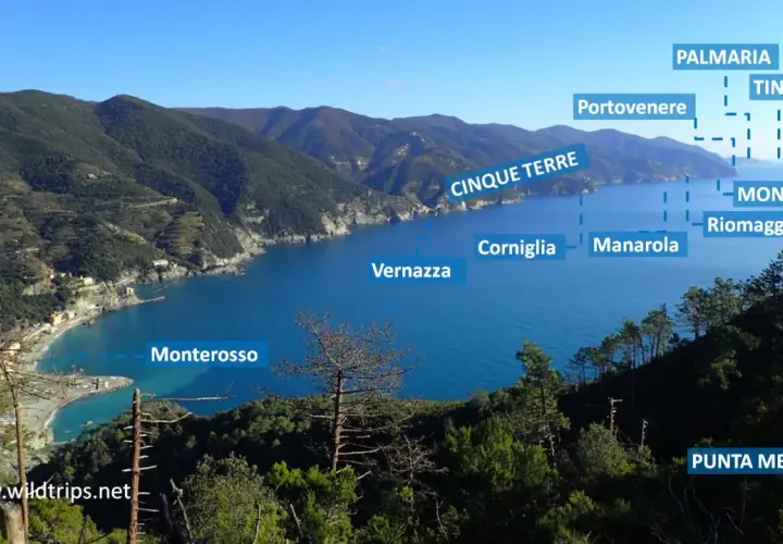 Vue panoramique des Cinque Terre, avec Monterosso, Vernazza, Corniglia, Manarola, Riomaggiore et Punta Mesco.